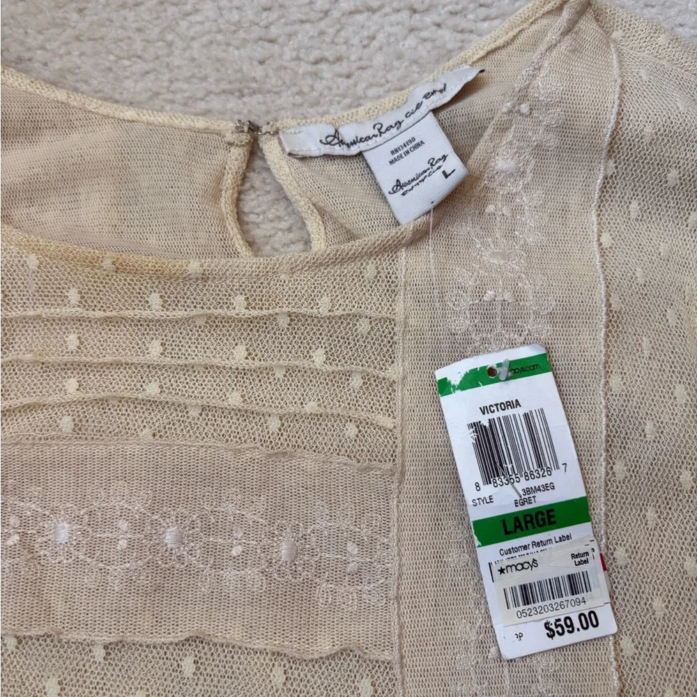 American Rag Y2K vintage beige mesh lace gauzy long sleeve top, sz L (juniors) - Picture 2 of 5